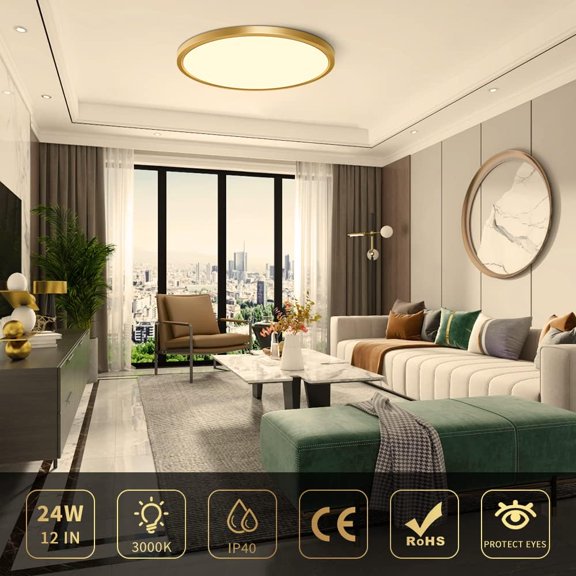 MINSUI-12Inch LED Ceiling Light Fixture Flush Mount, 24W(240W Equivalent), 3200LM, 3000K Warm White, IP40, Flat Modern Round Ceiling Light for Bedrooms, Living Rooms, Bathrooms, Stairwells, etc.(Gold