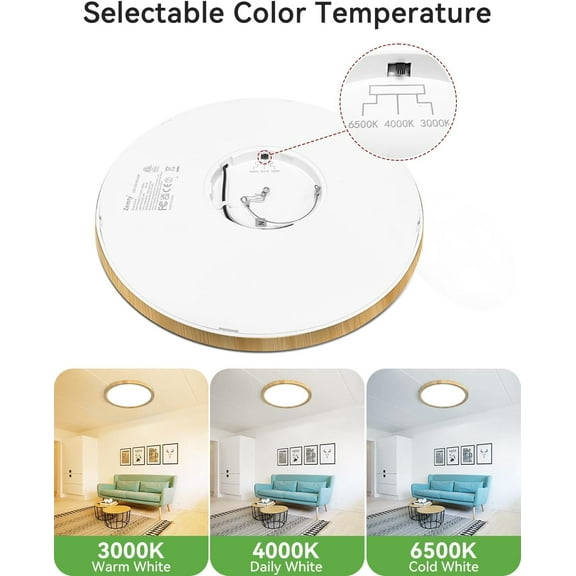 MINSUI-12Inch Wood-Look Ceiling Light, 28W 3200lm LED Flush Mount Ceiling Light with 3 Color Temperature 3000K/4500K/6000K - Round Flat Light Fixture for Kitchen Bathroom Livingroom1Pack