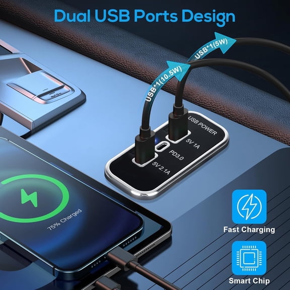 MINSUI-12V USB Outlet, Dual USB A & 18W USB C Fast Charger Socket Panel with LED Light Flush Mount for Car Marine RV Truck