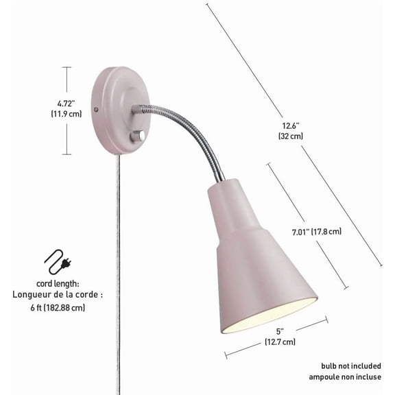 MINSUI-13064 Sophie 1-Light Plug-in or Hardwire Wall Sconce, Chrome Gooseneck, Matte Rose, 6ft Clear Cord, Bulb Not Included