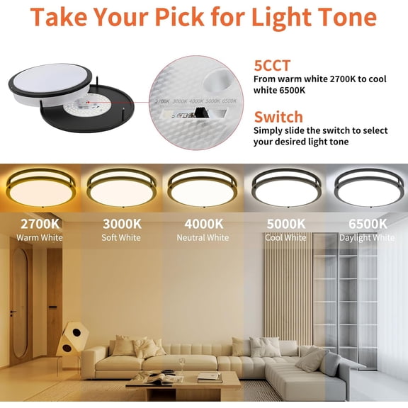 MINSUI-13Inch 36W Ceiling Light Fixture, 5CCT Adjustable 2700K 3000K 4000K 5000K 6500KLED Flush Mount Ceiling Mount Light, Dimmable Close to Ceiling Lighting for Bathroom Kitchen Stairwell Bedroom, B