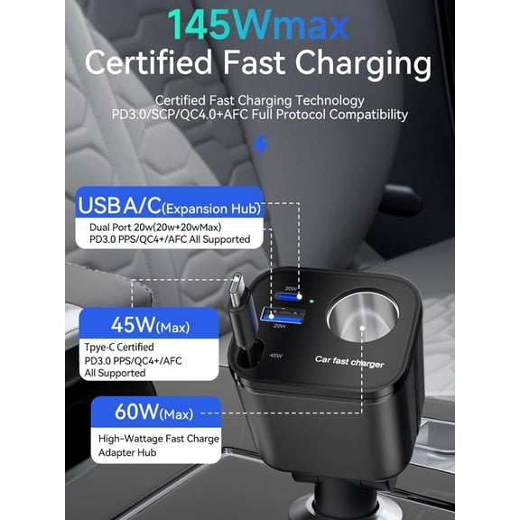 MINSUI-145W Retractable Car Charger, 4-in-1 Fast Car Charger & Cigarette Lighter Plug, 25.6" Retractable Cord, Travel Essentials Gifts, Compatible with All Phone Models, Phone 16/15/14/13/12/11,Galax