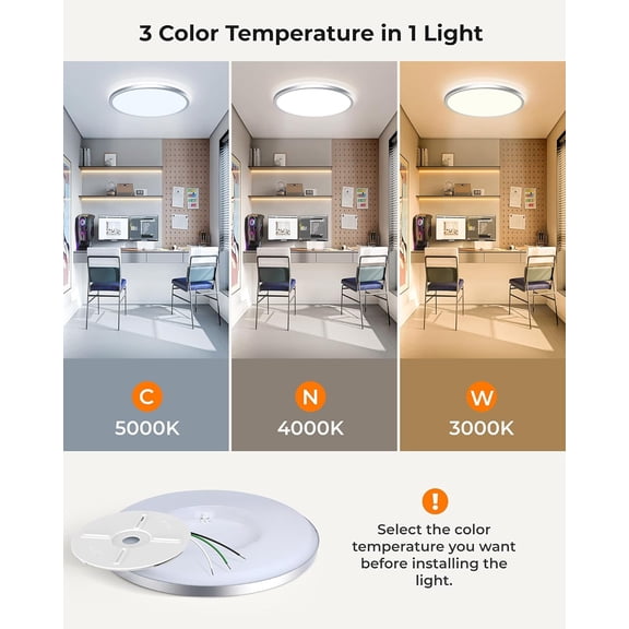 MINSUI-15.4 Inch LED Flush Mount Ceiling Light, 3000K-5000K 3 Color Selectable Ceiling Lights, 36W 3600LM Closet Light Fixture, Ceiling Lamp for Bedroom, Dining Room, Kitchen, Silver