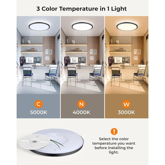 MINSUI-15.4 Inch LED Flush Mount Ceiling Light, 3000K-5000K 3 Color Selectable Ceiling Lights, 36W 3600LM Closet Light Fixture, Ceiling Lamp for Bedroom, Dining Room, Kitchen, Black
