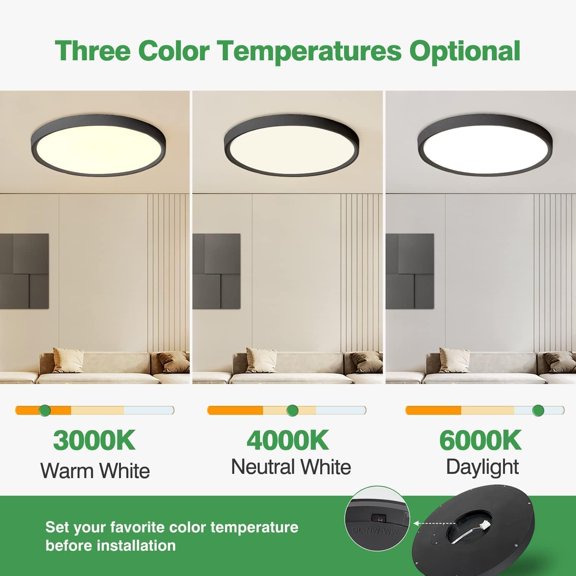 MINSUI-15.8 Inch Black LED Flush Mount Ceiling Light, 32W, 3480LM, 3000K/4000K/6000K CCT Selectable, Round Flat Panel Light Fits Hallways, Kitchens, Bedrooms, Laundry Rooms