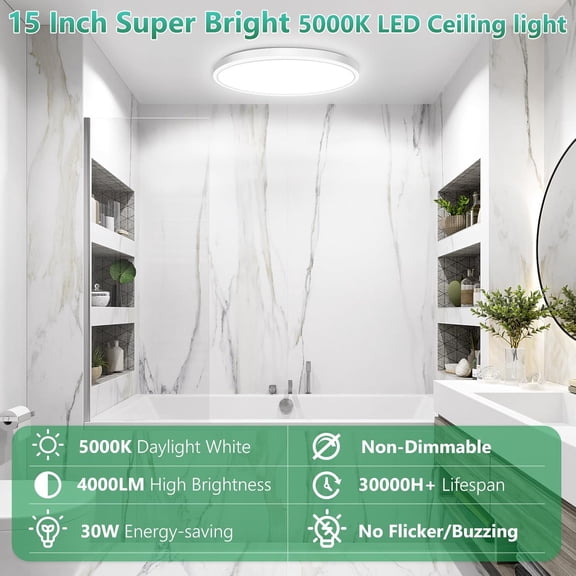 MINSUI-15 Inch Large Flush Mount Ceiling Light Fixtures, 4000LM 300W Equivalent, 5000K Daylight White, 0.67 Inch Ultra Thin 30W Surface Mount LED Ceiling Lights for Bathroom, Non-Dimmable, 3 Packs