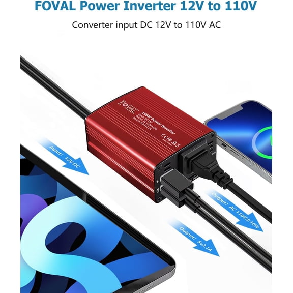 MINSUI-150W Car Power Inverter 12V DC to 110V AC Converter Vehicle Adapter Plug Outlet with 3.1A Dual USB Car Charger for Laptop Computer (Classic Red)