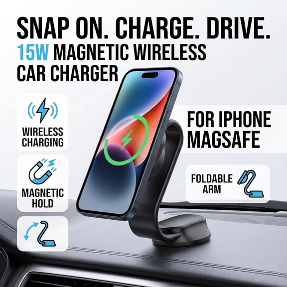 MINSUI-15W Fast MagSafe Car Mount Charger, Magnetic Wireless Charging Dashboard Phone Holder with Adjustable Foldable Arm for iPhone 17/16/15/14/13/12 Pro Max Plus Mini