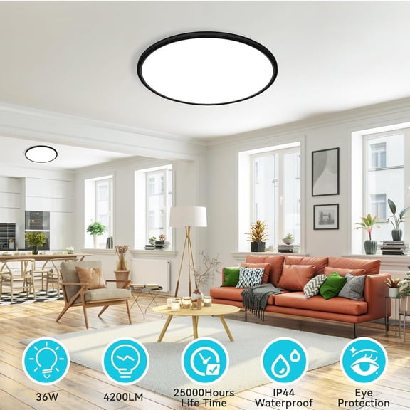 MINSUI-16.5 Inch Large Black Flush Mount Ceiling Light, 4200LM 36W Low Profile LED Ceiling Lights, Warm to Cool White Surface Mount Light Fixture for Bedroom Kitchen Livingroom