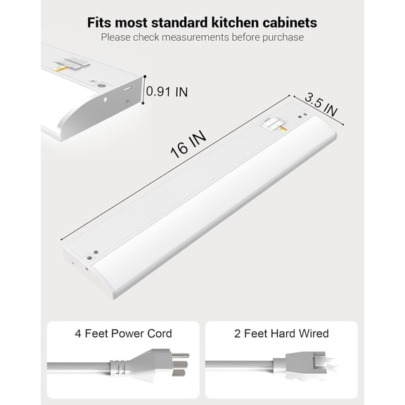 MINSUI-16" LED Under Cabinet Lighting, Plug-in or Hardwired Dual Installation, 3CCT Selectable 3000K/4000K/5000K, Dimmable 110V Kitchen Lights Under Cabinet, High CRI 94+ for Counter, Shelf & Pantry