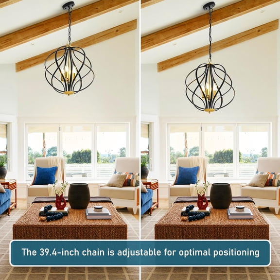 MINSUI-17 Modern Black and Gold Chandelier for Dining Room - 4-Light Industrial Sphere Pendant Light, Hanging Geometric Chandelier for Kitchen, Entryway, Foyer, Stairs