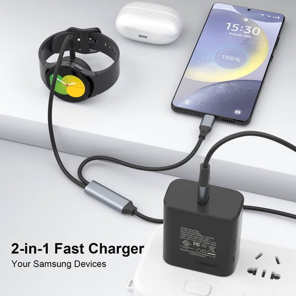 MINSUI-2 in 1 Charger Compatible with Samsung Watch Charger,35W PD Fast Charging for Galaxy Watch 8/7/6/6 Classic/5/5 Pro/4/4 Classic/3/Acitve 2/Active 1, For Galaxy S25/S24/S23/S22/S21/ Z Fold (5FT)