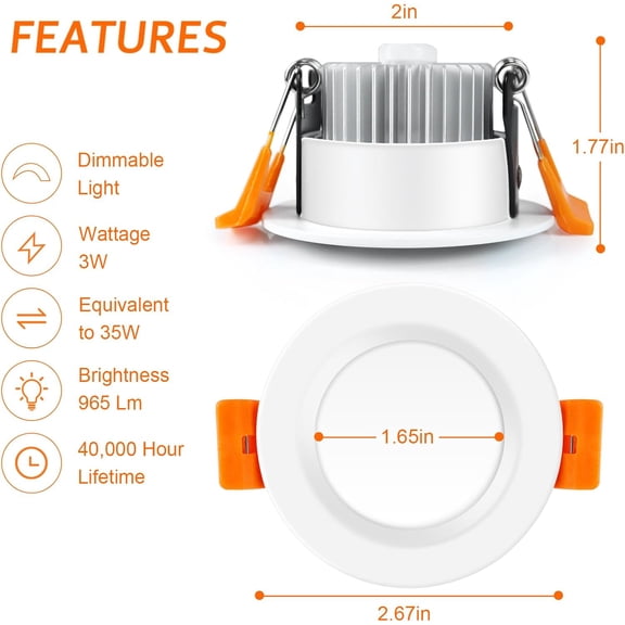 MINSUI-2 Inch LED Recessed Lighting, Downlight Dimmable 3W (35W Equivalent), 3000K Warm White, CRI80, Recessed Light Fixtures with LED Driver10 Pack 