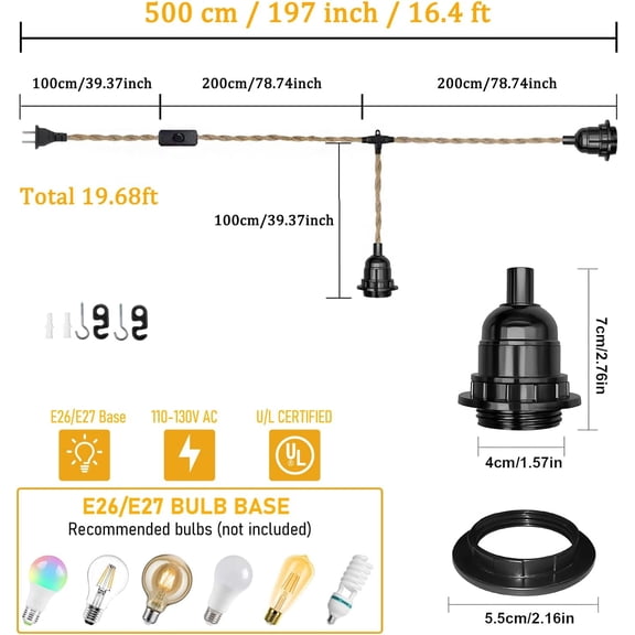 MINSUI-2-Light Plug in Pendant Light Cord 19.68ft Hemp Rope Pendant Lights with Plug in Cord E26 Vintage Hanging Lamp Fixtures DIY for Kitchen Island Dining Room, Bulbs NOT Included
