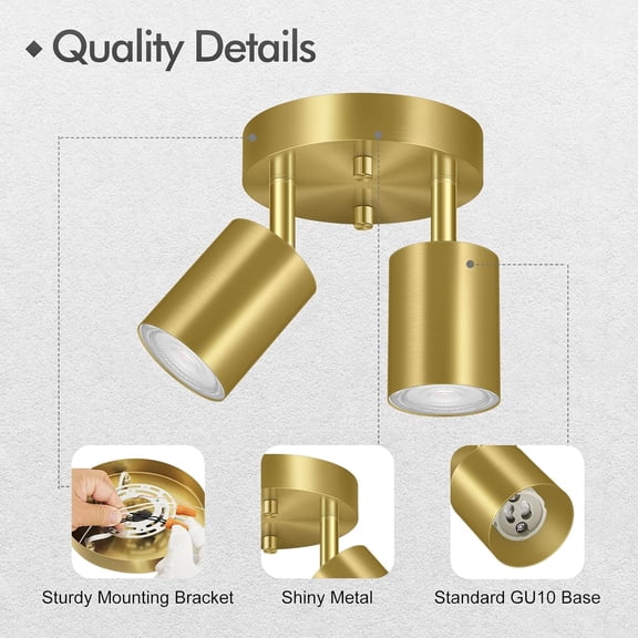 MINSUI-2 Light Track Lighting Fixtures Ceiling, Gold Round Directional Ceiling Spotlight, GU10 Flush Mount Ceiling/Wall Fixture, Adjustable Modern LED Track Lights for Kitchen/Living Room, Bulb Not I