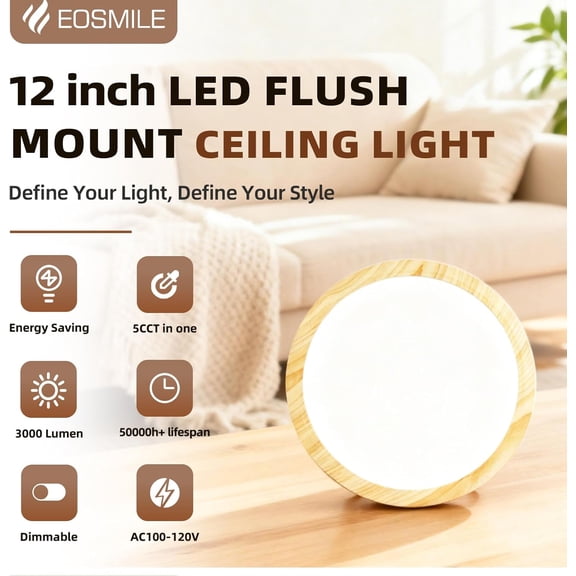 MINSUI-2 Pack 12 Inch Wood Grain LED Flush Mount Ceiling Light, 25W, 3000LM, CRI 95+, 2700K-5000K 5-Color Selectable & Dimmable, Thin Flat Surface-Mounted Fixture for Laundry, Hallway, Living Room