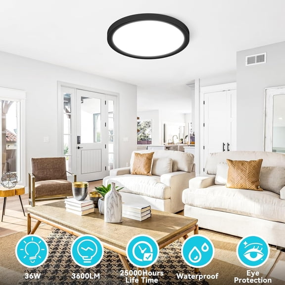 MINSUI-2-Pack 16" Black LED Ceiling Lights, 36W 3600lm, 3 Color Temps 3000K/4000K/6500K, Large Flush Mount Fixture for Kitchen, Hallway, Bedroom, Living Room, 120V ETL Listed