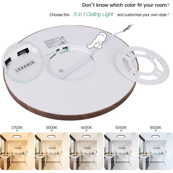 MINSUI-2 Pack LED Flush Mount Ceiling Light, 12 Inch 24W, Super Slim 0.67 Inch 3200LM Ceiling Light Fixture Walnut Wood Color, Dimmable & 2700K-6500K 5 Color in One Ceiling Lamp for Farmhouse