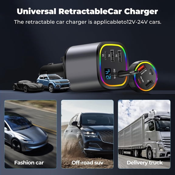 MINSUI-[2 Pack] Retractable Car Charger USB C 78W & 85.5W 4 in 1 Fast Car Charger, 4 Ports Cigarette Lighter Adapter with Retractable Cables for iPhone Android, Travel Essentials Gifts for Women Men