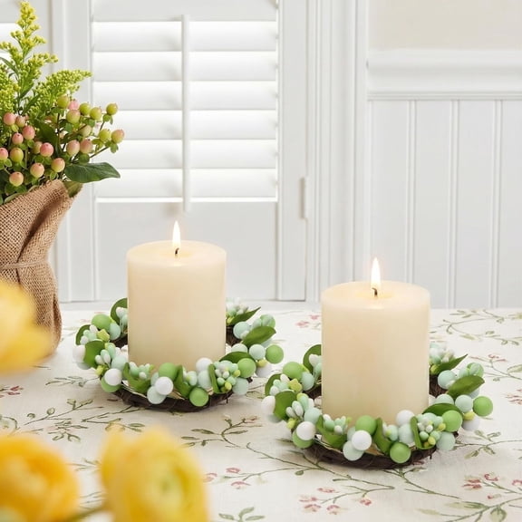MINSUI-2 Pack Sage Green Candle Ring Wreaths, Spring Berry Candle Rings for Table Centerpiece Decor, Rustic Farmhouse Spring Summer Decorations for Wedding Table Kitchen