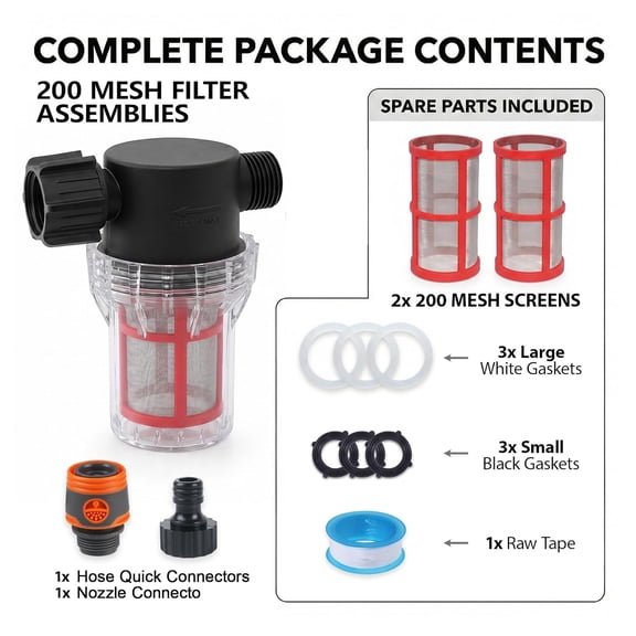 MINSUI-200 Mesh Garden Hose Filter with Quick Connect Set & 2 Replacement Screens, 3/4" GHT Thread Sediment Trap for Misting, Greenhouse, Drip Irrigation & Pressure Washer