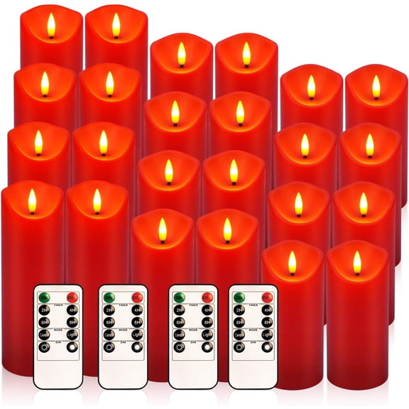 MINSUI-24Pack Red LED Flameless Candles with Remote and Timer, Realistic Flickering Battery Pillar Lights for Valentine's DayHome Decor,Party, and Wedding