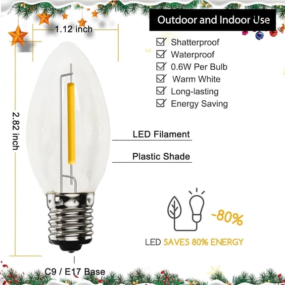 MINSUI-25PK C9 Replacement Bulbs, 0.6W LED Night Light Bulbs, E17 Base - UL Certified Waterproof & Shatterproof Outdoor String Lights for Patio Party Porch Indoor Outdoor Home Decoration, Warm White