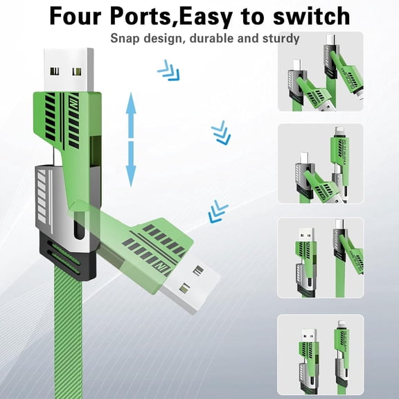 MINSUI-2Pack 4 in 1 Fast Charging Cable, Transferring Data, 6.65 Ft, Braided Cable 65W, USB C USB A and IP, Multiple Charging Cable Compatible with iPhone 17/16/15/14/13/12/11/X/9/8, Pad/More (Green)