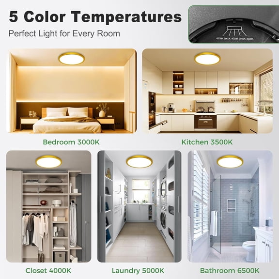 MINSUI-2Pack LED Flush Mount Ceiling Light, 12Inch 24W Dimmable Ceiling Lights Fixture, 5 Color Temperatures (3000K-6500K) Gold Round Ceiling Lamp for Bedroom, Kitchen, Hallway,Bathroom