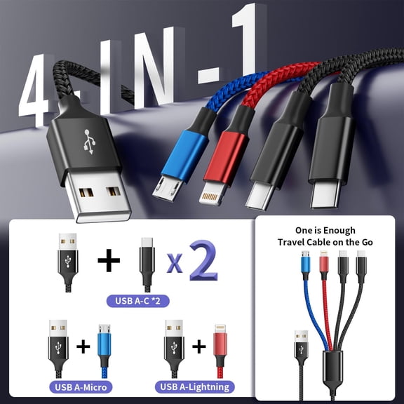 MINSUI-2Packs 6FT Dual Type-C 4 in 1 Multi Charging Cable for Multiple Devices with 2 USB-C/IP/Micro Port, USB Cable iPhone Charger Cord, Travel Car Accessories for iPhone17-8, Galaxy 25 Android iPad