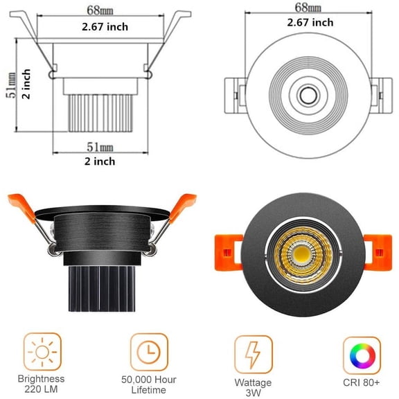 MINSUI-2inch LED Dimmable Downlight, 3W COB Recessed Ceiling Light, Daylight White 5500K-6000K, CRI80, 25W Halogen Bulbs Equivalent, Black (1Pack)