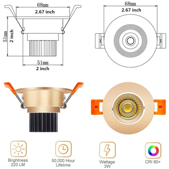 MINSUI-2inch LED Dimmable Downlight, 3W COB Recessed Ceiling Light, Natural White 4000K-4500K, CRI80, 25W Halogen Bulbs Equivalent, Gold (1 Pack)