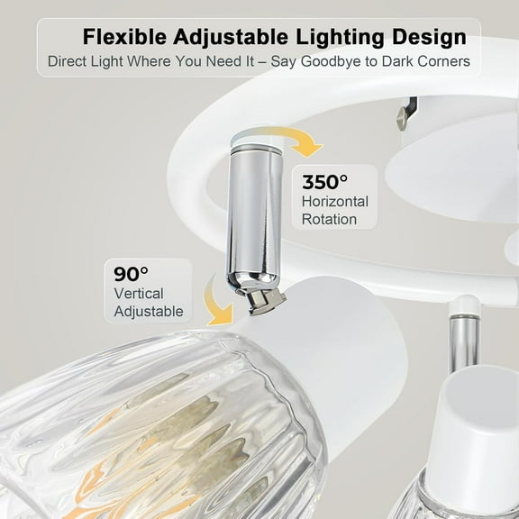 MINSUI-3-Light Track Lighting White, Directional Modern Ceiling Light Fixture w/Glass Shades, Flush Mount Ceiling Spotlight Indoor for Kitchen, Bedroom, Living Room, E12 Base, No Bulbs