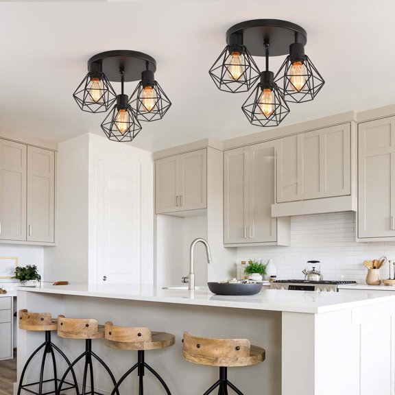MINSUI-3 Lights Industrial Ceiling Light Fixtures,Iron Cage Ceiling Lamp Pendant Lighting,3-Light Close to Ceiling Light Fixtures, Modern Chandelier for Bedroom Entryway Kitchen Hallway