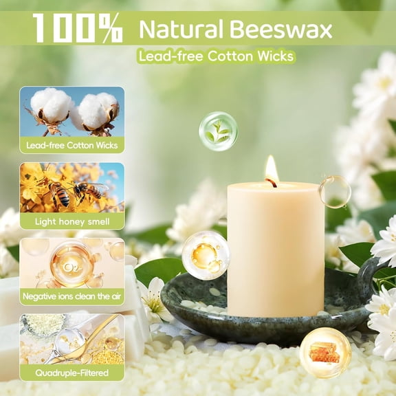 MINSUI-3 Pack Beeswax Pillar Candles,Ivory White Beeswax Candles-105 Hours Long Burning,Unscented Bees Wax Candles for Home,Prayer,Emergency,Dripless Smokeless Organic Pillar Candles 2x3in