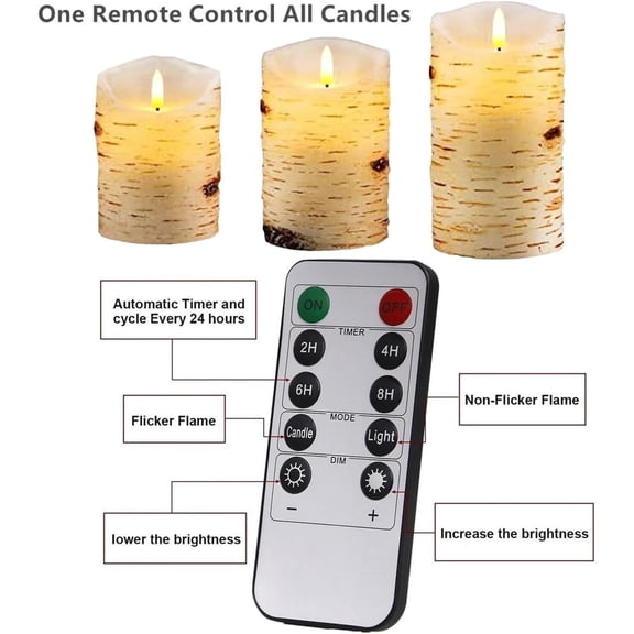 MINSUI-3 Pack Birch Bark Flameless Candle Set, 4" 5" 6" Flickering Battery Operated Candles with Remote Control, Electric Candle with Timer, Dancing Flames Real Wax LED Pillar Candles for Home Decor