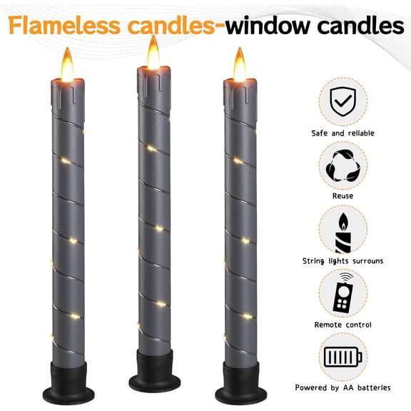 MINSUI-3 Pack Gray Dripping Wax Flameless Candles, Realistic Dynamic Flame LED Taper Candles with Surrounding Fairy String Lights, Remote Control Battery Operated Candles for Home Wedding Holiday Dec