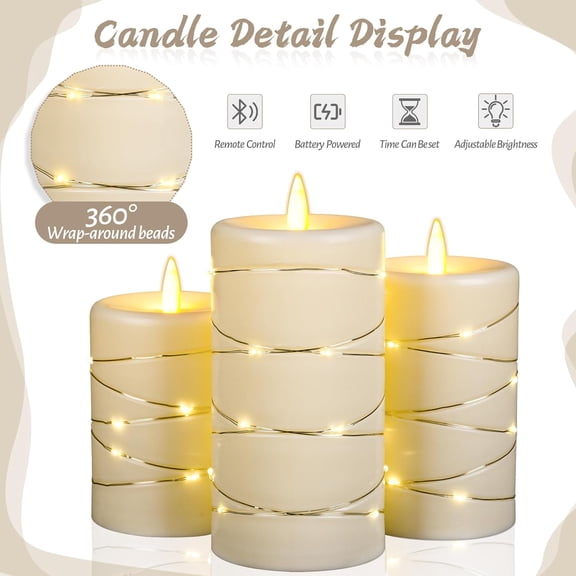 MINSUI-3 Pack Ivory Flameless Taper Candles, Realistic Flickering LED Candles with Surrounding Fairy String Lights, Heat Resistant ABS Battery Candles with Remote for Indoor Outdoor Decor
