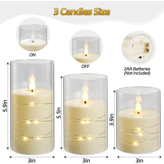 MINSUI-3 Pack Ivory Transparent Acrylic Flameless Taper Candles, Flickering Black Wick LED Candles with Fairy String Lights, Heat Resistant ABS Candles with Remote for Home Patio Decor