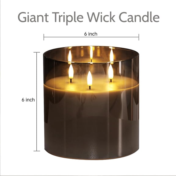 MINSUI-3 Wick Grey Glass Flameless Candle with Remote, Large 6x6 inch LED Pillar Candle Battery Operated Flickering