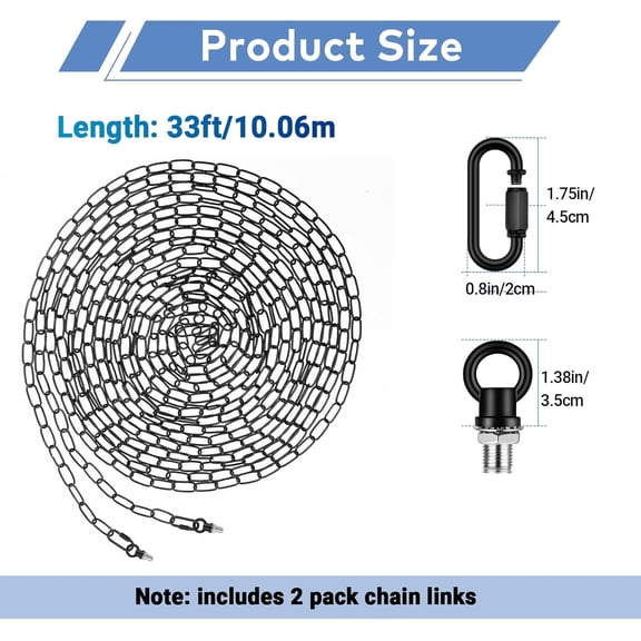 MINSUI-33 Feet Industrial Black Light Fixture Chain, Adjustable Extension Chain with Connection Locks for Light Fixture, Maximum Load is 66 Pounds