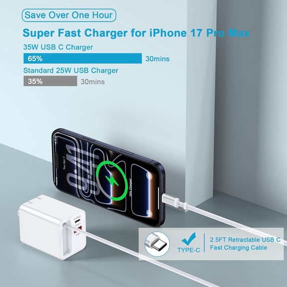 MINSUI-35W USB C Charger with Retractable Cable,3-Port Foldable Wall Plug PD & QC Fast Charging Block with Type C Cable for iPhone 17e/17 Pro Max/16e/16/16 Pro Max/15/15 Plus/Samsung Galaxy S26/S25/S
