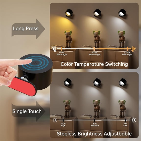 MINSUI-3PACK Romote LED Wall Sconce - Rechargeable Wall Light, 3 Colors & 3 Brightness Levels, 360 Magnetic Rotating Head, Bedside Reading Lamp, Easy Install Battery Operated Wall Lamp Black