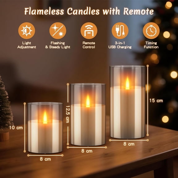 MINSUI-3PC Rechargeable Led Candles, Flameless Flickering with Remote & Timer, with Real Wax Candle in Glass Warm Color Light, Lasting for 200+ Hours for Festival, Party, Bedroom, Living Room Decor.
