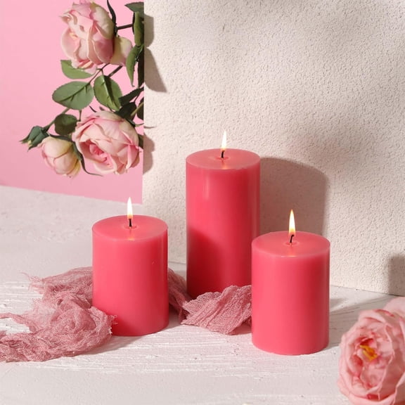 MINSUI-3x4 Inch Pink Pillar Candles Set of 3 - Decorative Unscented Pillar Candle - Easter Valentines Day Candles - Long Burning Dripless Smokeless Large Pillar Candle for Wedding Table, Dinner Decor