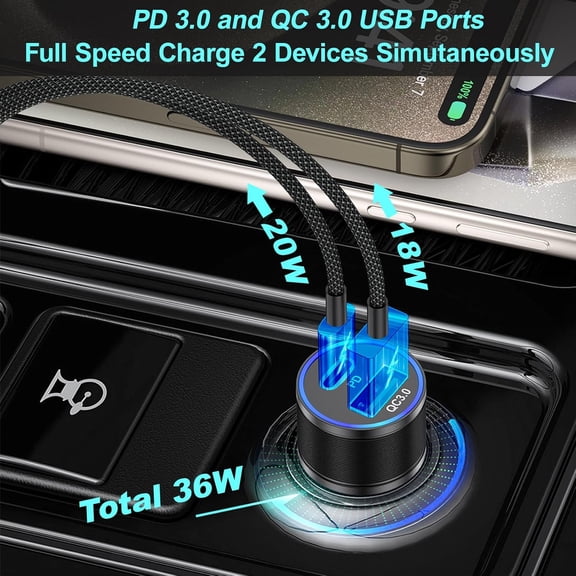 MINSUI-4 in 1 iPhone Car Charger, 38W Dual Port PD+QC3.0 Fast Charging Cigarette Lighter USB C Car Charger Adapter + 2Pack 6ft Braided USB C Cable + 40W Wall Charging Block for iPhone,iPad,Samsung,