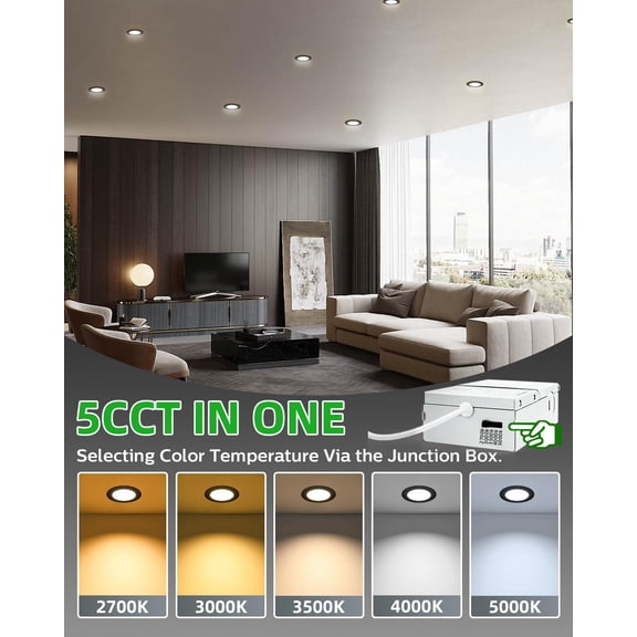 MINSUI-4 Inch Black 5CCT Reset Ultra-Thin LED Recessed Ceiling Light with Junction Box, 2700K/3000K/3500K/4000K/5000K Selectable, 9W, Dimmable-ETL and Energy Star Certified6 Pack 