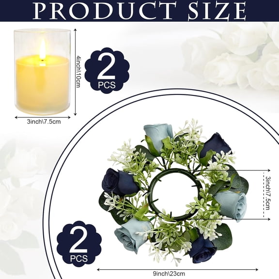 MINSUI-4 PCS Candle Rings Wreaths 3 Inch Center - Artificial Roses Candle Rings with LED Candles for Wedding Centerpiece Table Home Party Decor, Navy Blue, 2 Sets