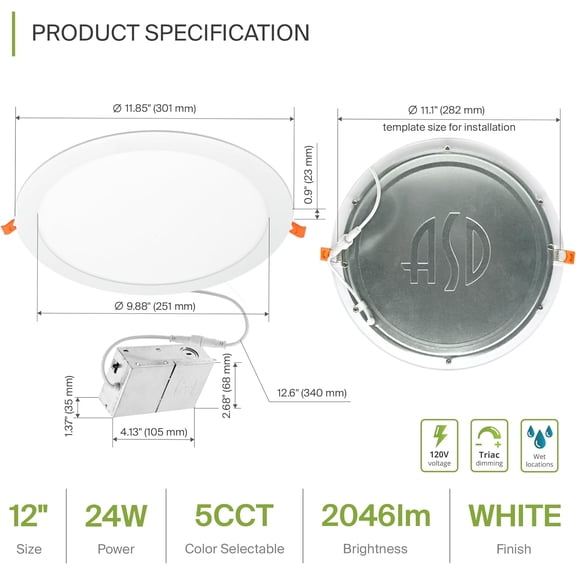 MINSUI-4 Pack 11/12 Inch LED Recessed Lighting 24W, 5 CCT 2700K-5000K CRI90+, IC Rated Ultra Thin Dimmable Ceiling Lights with J Box, Canless Wafer Downlight, Round Slim Panel Light, UL Listed, White