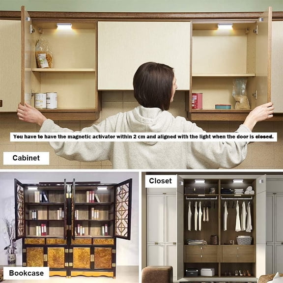 MINSUI-4 Pack Cordless Cabinet Lights, Door Open Activated Sensor Automatic Turn On Off Led Cupboard Drawer Closet Light Battery Operated Stick On Up Puck Lights Indoor for Kitchen Cabinets Pantry Gu